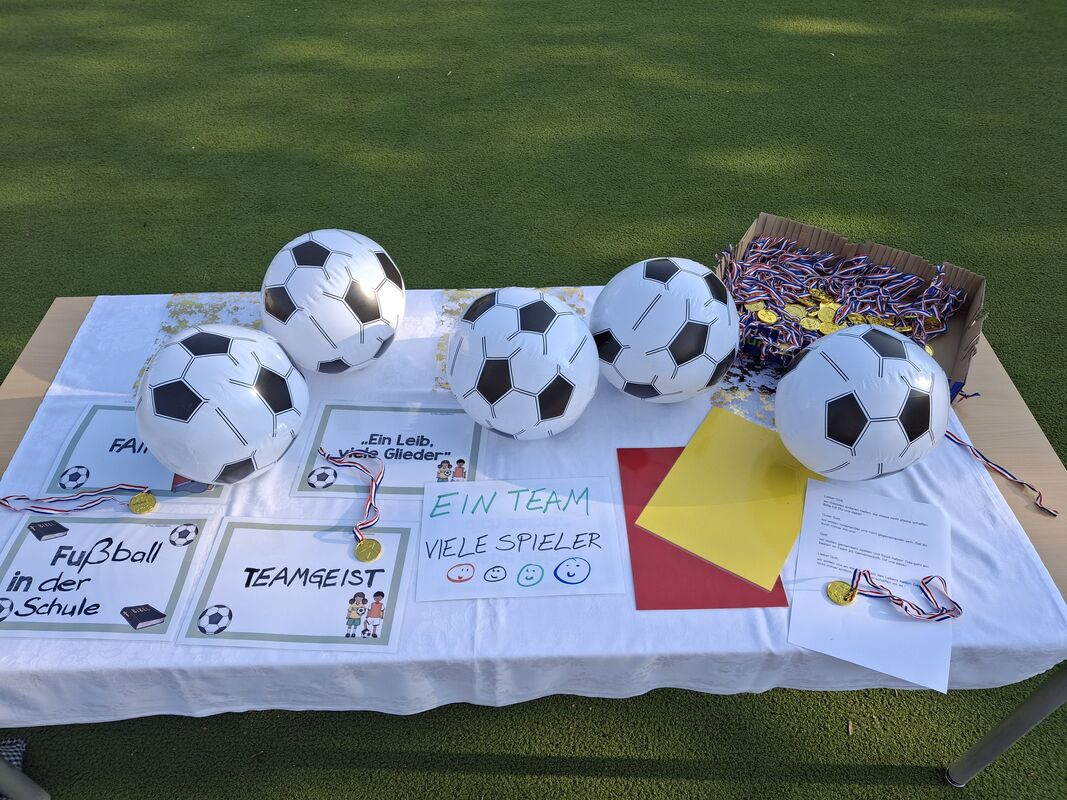 Fußbälle auf einem Tisch stehen für: "Wir sind ein Team!", daneben Sprüche auf Papieren