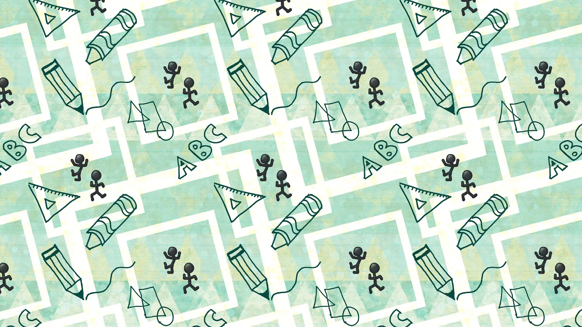 Grün gefärbte Illustration mit vielen Schulsymbolen und kleinen Figuren, die scheinbar durch ein Labyrinth laufen