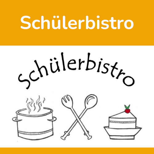 Illustration des Wortes "Schülerbistro", darunter Topf, Kochlöffel, Kuchen auf Teller