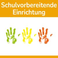 Drei farbige handabdrücke auf weißem Grund mit dem Schriftzug "Schulvorbereitende Einrichtung"